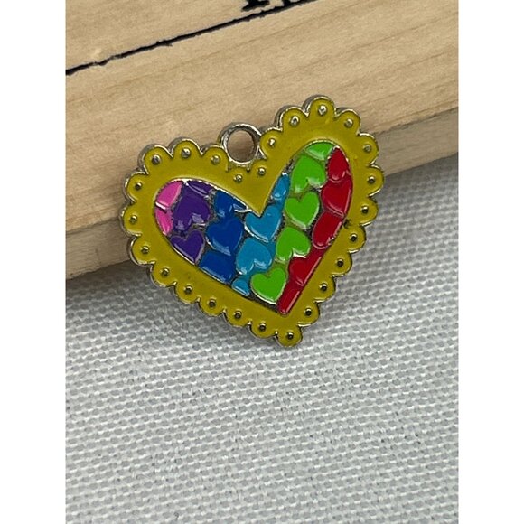 Heart Shaped Rainbow Enamel Charm Pendant Scalloped Hearts - Picture 2 of 4